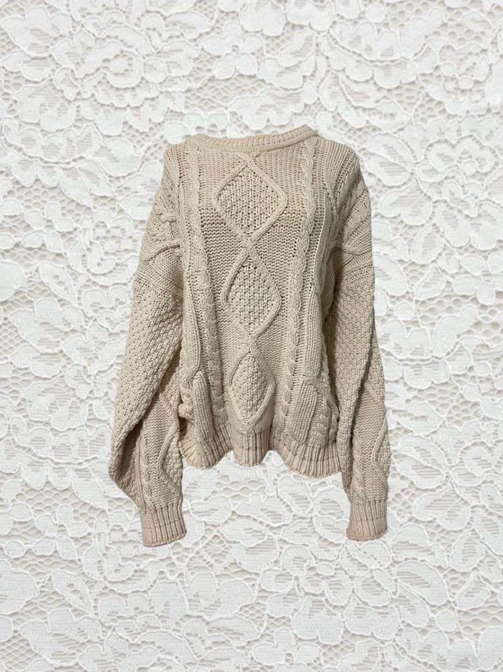 vintage cable knit cream sweater, so cute worn with a denim skirt